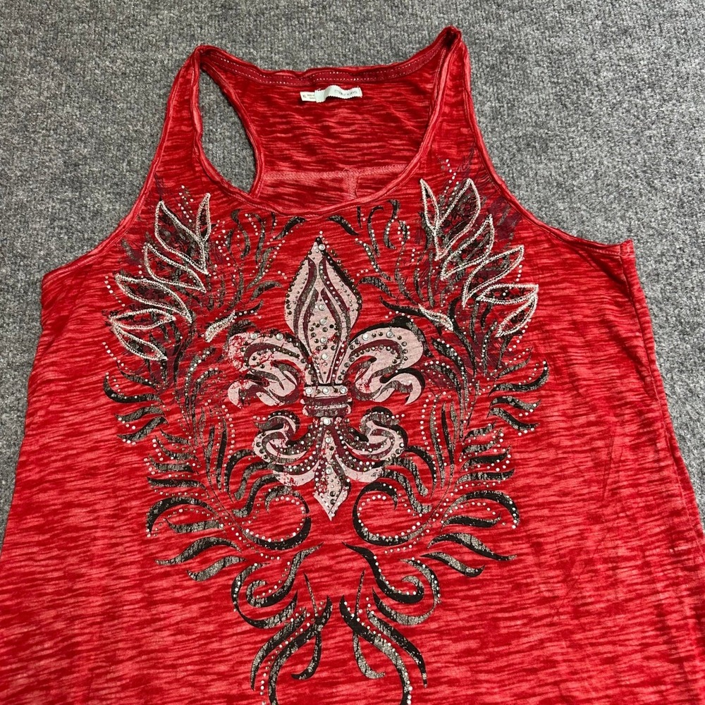 Maurices Tank Top Womens Size XL Red Slub Knit Rhinestone Fleur De Lis Racerback